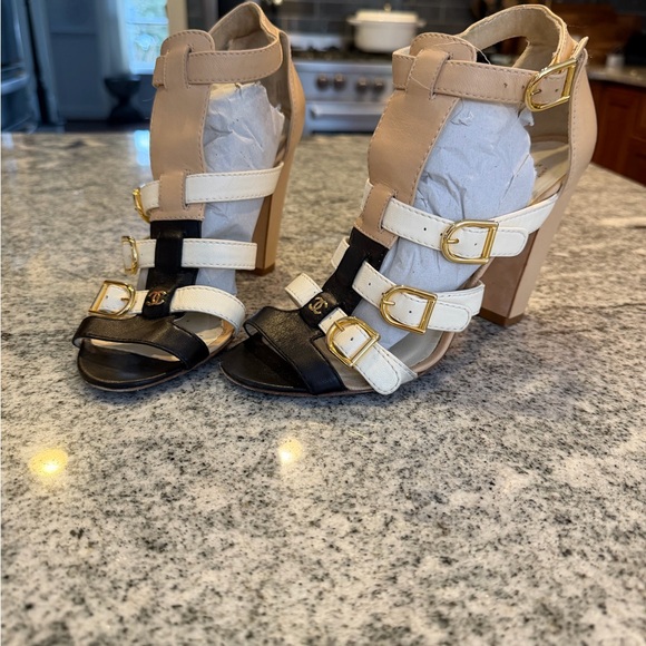 CHANEL Black and Cream Multi-Strap Heels